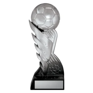 Small silver soccer trophy with raised soccer ball top, sweeping curved panels through the stem, textured side detail and engraving plate on black base