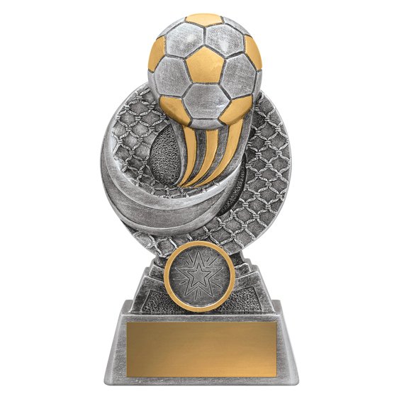 Large silver and gold soccer trophy with raised ball and curved accent design, front medallion insert and engraving plate on base.