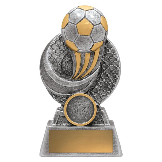 Medium silver and gold soccer trophy with raised ball and curved accent design, front medallion insert and engraving plate on base.