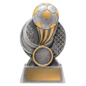Small silver and gold soccer trophy with raised ball and curved accent design, front medallion insert and engraving plate on base.