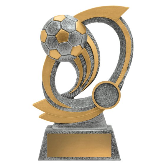 Large silver and gold soccer trophy featuring raised football with sweeping curved panels, front insert medallion area and gold engraving plate on solid base.