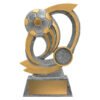 Medium silver and gold soccer trophy featuring raised football with sweeping curved panels, front insert medallion area and gold engraving plate on solid base.