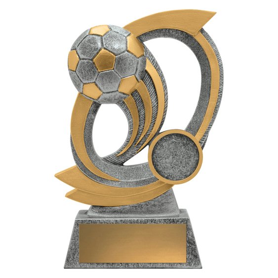 Medium silver and gold soccer trophy featuring raised football with sweeping curved panels, front insert medallion area and gold engraving plate on solid base.