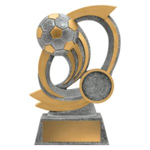 Small silver and gold soccer trophy featuring raised football with sweeping curved panels, front insert medallion area and gold engraving plate on solid base.
