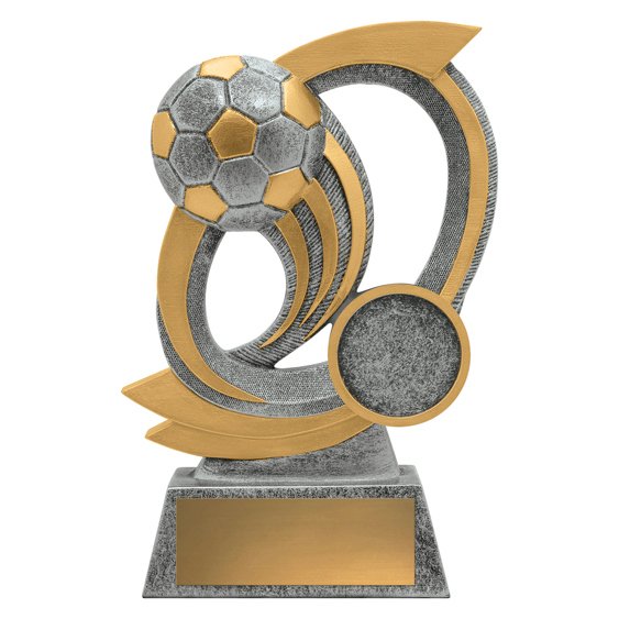 Small silver and gold soccer trophy featuring raised football with sweeping curved panels, front insert medallion area and gold engraving plate on solid base.