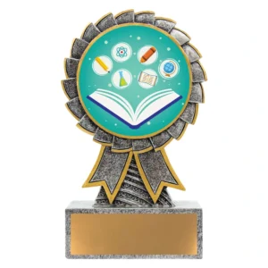 Academic award trophy with open book and education icons on rosette design and engraving plate