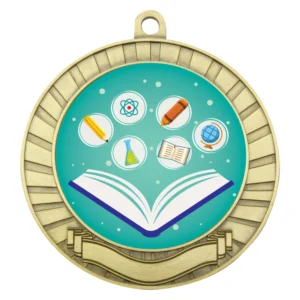 Gold academic medal with open book and education icons including pencil atom flask globe and book