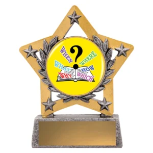 Gold star trophy with laurel wreath and academic questioning graphic insert on centre disc