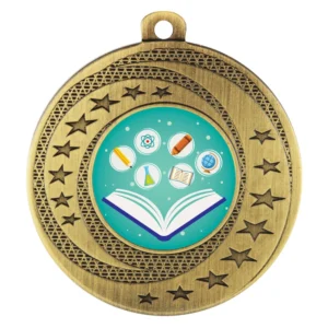Gold academic medal with open book and education icons surrounded by star border