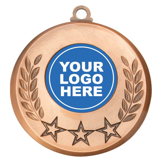 Antique bronze medal with twin laurel branches and three raised stars at base, includes centre insert for custom logo.