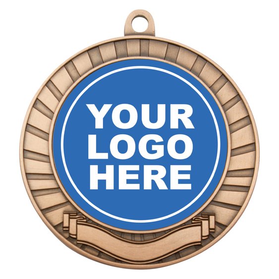 Antique bronze medal with radial sunburst edge, blank ribbon banner at base and centre insert area for custom logo.