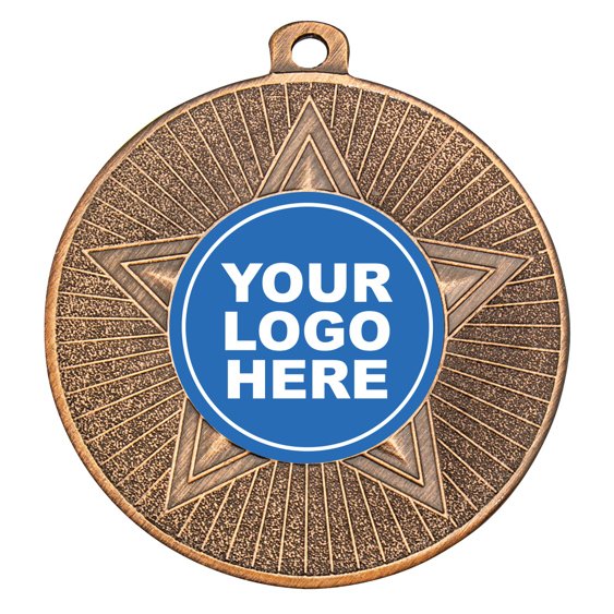Antique bronze medal with large raised star and fine radial texture background, includes centre insert for custom logo.
