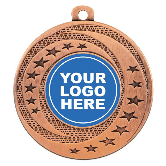 Antique bronze medal with decorative patterned ring and raised stars, includes centre insert for custom logo.