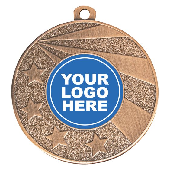 Antique bronze medal with sweeping starburst design, raised stars on textured background and centre insert for custom logo.
