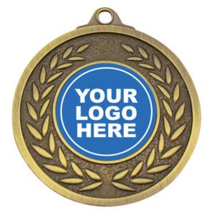 Antique gold medal with raised laurel wreath border, textured background and centre insert for custom logo.