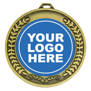 Antique gold medal with double laurel wreath border and centre insert for custom logo.