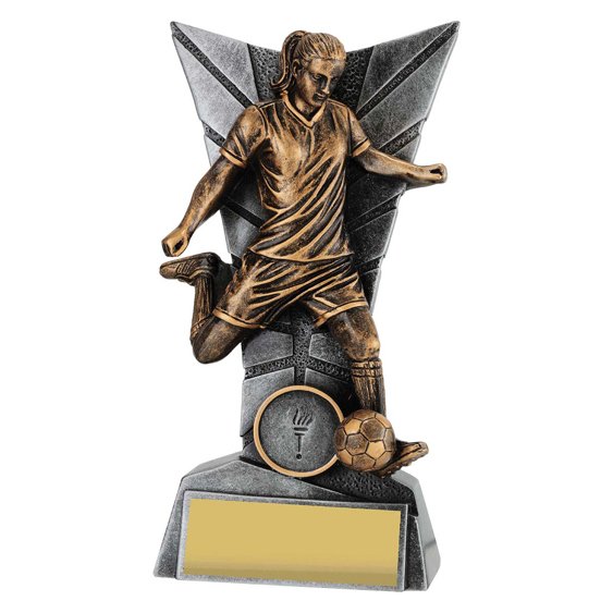 Large antique gold female soccer player trophy kicking ball with angular backdrop on resin base and gold engraving plate