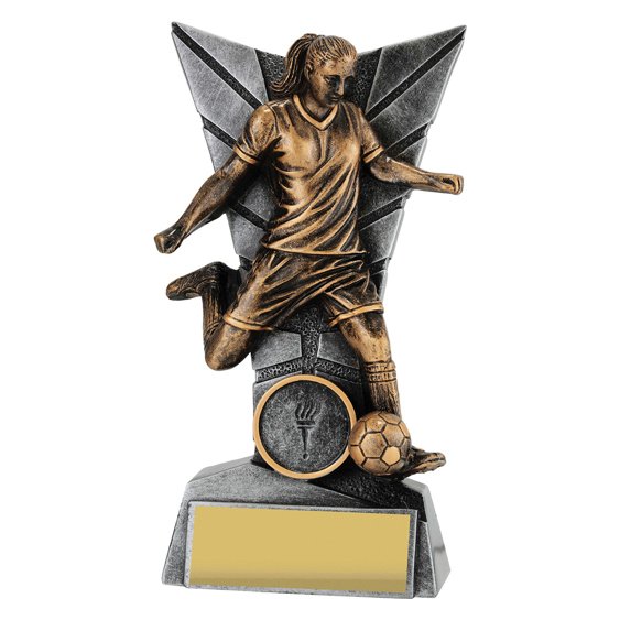 Medium antique gold female soccer player trophy kicking ball with angular backdrop on resin base and gold engraving plate