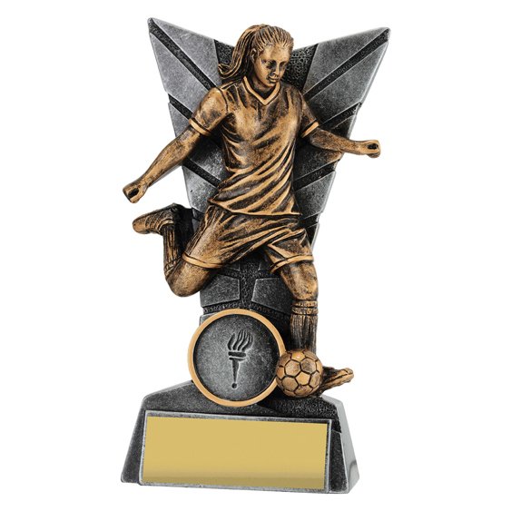 Small antique gold female soccer player trophy kicking ball with angular backdrop on resin base and gold engraving plate