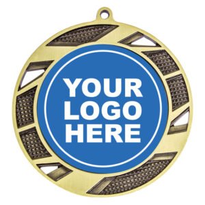 Antique gold medal with geometric cutout accents, textured inset panels and centre insert for custom logo.
