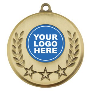 Antique gold medal with twin laurel branches and three raised stars at base, includes centre insert for custom logo.