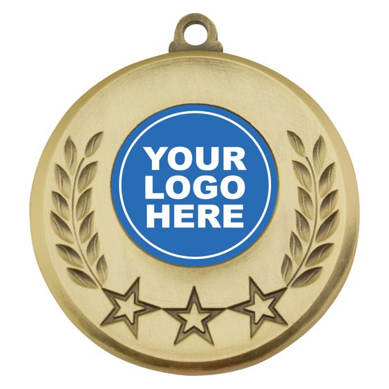 Antique gold medal with twin laurel branches and three raised stars at base, includes centre insert for custom logo.