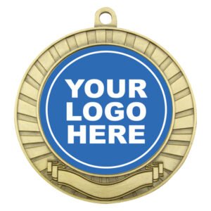 Antique gold medal with radial sunburst edge, blank ribbon banner at base and centre insert area for custom logo.