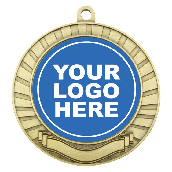 Antique gold medal with radial sunburst edge, blank ribbon banner at base and centre insert area for custom logo.