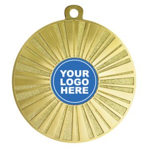 Antique gold medal with bold radial stripe pattern and textured inset panels, includes centre insert for custom logo.