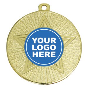 Antique gold medal with large raised star and fine radial texture background, includes centre insert for custom logo.