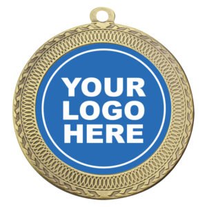 Antique gold medal with detailed rope and chevron border design and centre insert for custom logo.