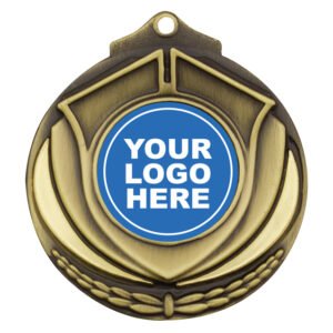 Antique gold medal with raised shield centre, curved accent panels and laurel wreath detail at base, includes round insert for custom logo.