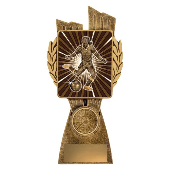 antique-gold-soccer-player-shield-trophy-medium Medium antique gold soccer trophy featuring player in action on square shield with laurel detail and wide base with engraving plate.