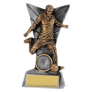 Small antique gold soccer player trophy kicking ball with angular backdrop on resin base and gold engraving plate