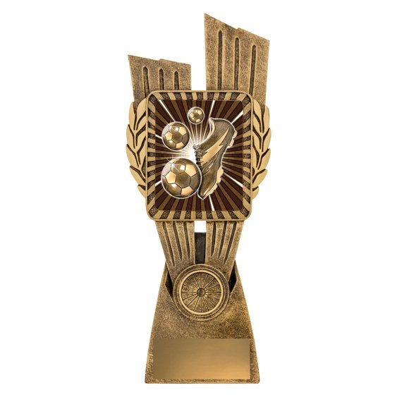 Extra large antique gold soccer trophy featuring raised boot and football detail on a radiating background panel, set on a tapered base with engraving plate.