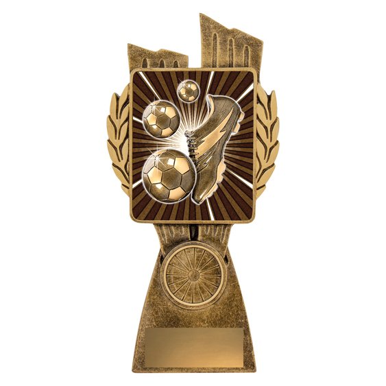 Medium antique gold soccer trophy featuring raised boot and football detail on a radiating background panel, set on a tapered base with engraving plate.