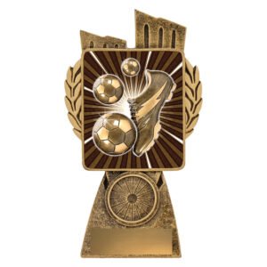 Small antique gold soccer trophy featuring raised boot and football detail on a radiating background panel, set on a tapered base with engraving plate.
