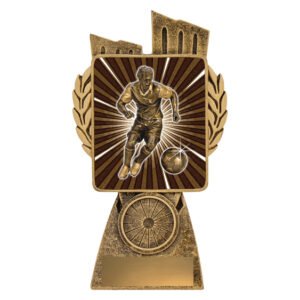 Small antique gold soccer trophy featuring running player and football on a radiant square panel, mounted on a textured column base with engraving plate.