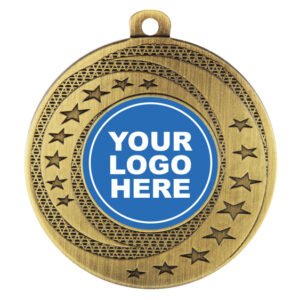 Antique gold medal with decorative patterned ring and raised stars, includes centre insert for custom logo.