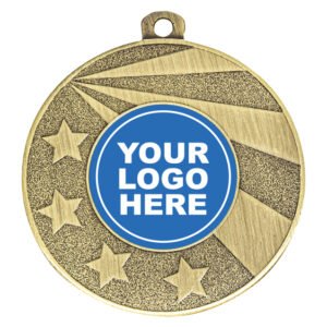 Antique gold medal with sweeping starburst design, raised stars on textured background and centre insert for custom logo.