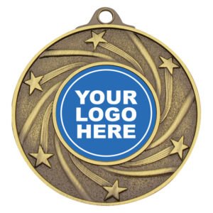 Antique gold medal with flowing swirl pattern, raised stars and centre insert for custom logo.