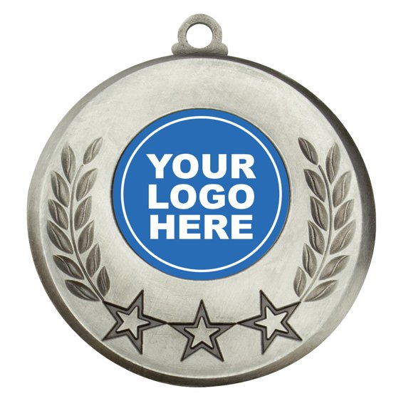 Antique silver medal with twin laurel branches and three raised stars at base, includes centre insert for custom logo.