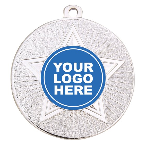 Antique silver medal with large raised star and fine radial texture background, includes centre insert for custom logo.