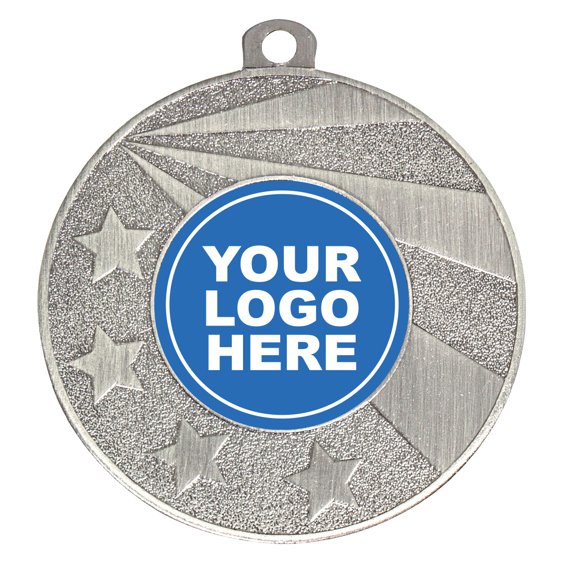 Antique silver medal with sweeping starburst design, raised stars on textured background and centre insert for custom logo.