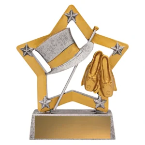 Ballet dance trophy with pointe shoes and flag inside gold star frame on silver base