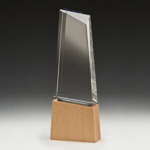 Bevelled clear glass corporate awards trophy with angled edge mounted on natural timber base