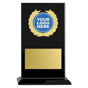 Small black glass award mounted on a matching base featuring gold laurel wreath insert with centre logo space and large gold engraving plate for custom text.