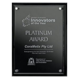 Small black glass award plaque with silver engraving and chrome stand-off fittings, featuring custom text and logo for corporate recognition.