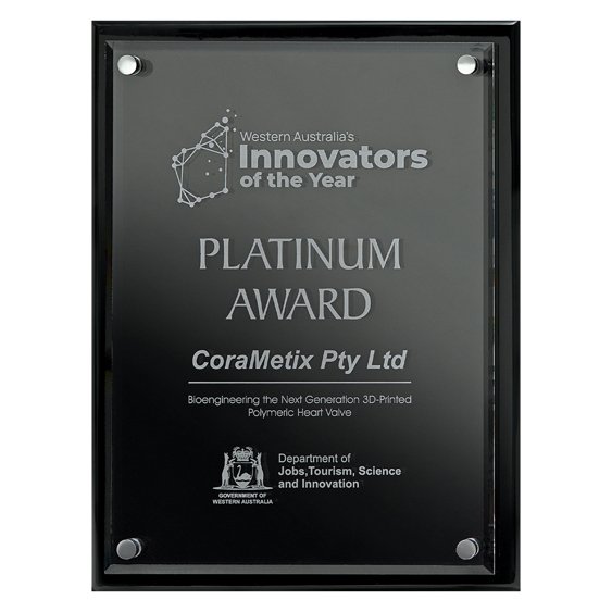 Small black glass award plaque with silver engraving and chrome stand-off fittings, featuring custom text and logo for corporate recognition.
