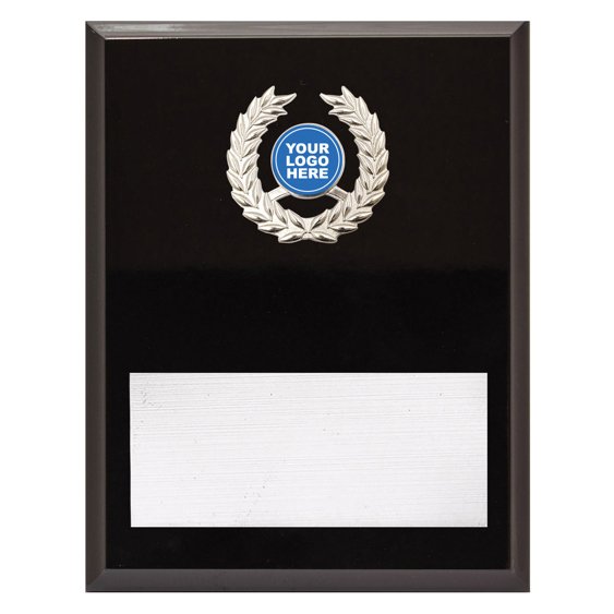 Extra large black gloss award plaque featuring silver laurel wreath insert with centre logo space and brushed silver engraving plate for custom text.